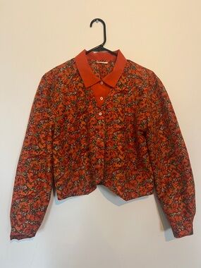 Vintage Orange Floral Button-Up Blouse